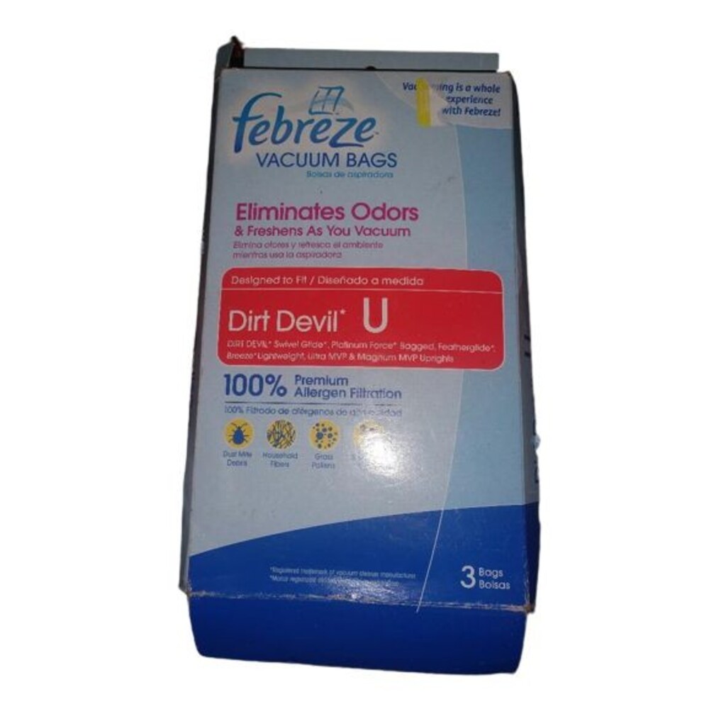 T8 3 pack Febreze Dirt Devil U Vacuum Bags Allergen Filtration Spring & Renewal